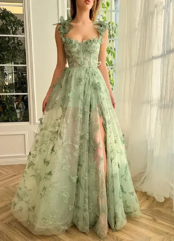 Backless Dress Sweet Temperament Grass Green Sweetheart 3D Decal Tulle A-line High Split Evening Dresses Porm Dress Birthday Party Dresses