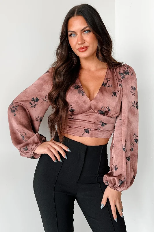 cropped women's tops Just Say When Satin Floral Long Sleeve Top (Brown)